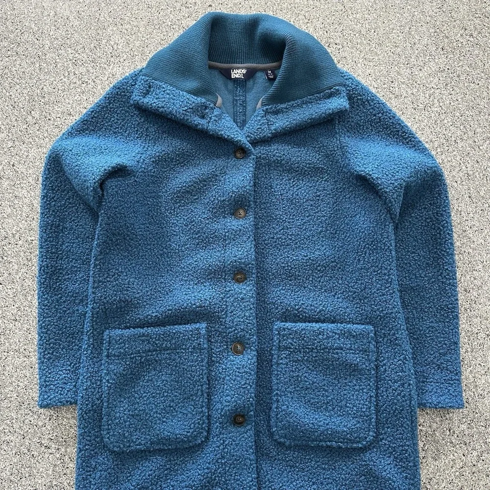 Lands End Jacket Womens M Medium Sherpa Big Collar Blue Button Up Teddy - Picture 1 of 8